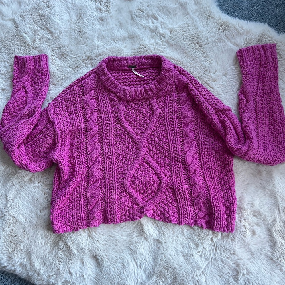Free People Chunky Cable Knit Crop Sweater - Bright Pink